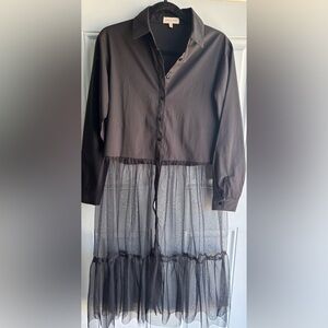 Black Button-Front Dress with Sheer Tulle Skirt